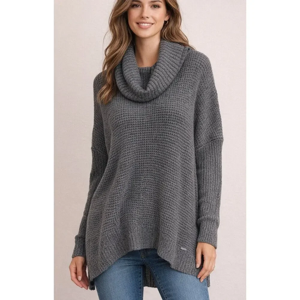 Michael Kors Cowl Neck Sweater Womens Large Gray Waffle Knit Tunic Cozy